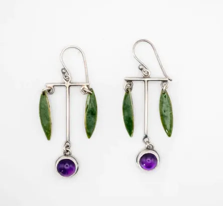 σκουλαρίκια με πέτρα αμέθυστο σχέδιο φύλλα ασημένια χειροποίητα