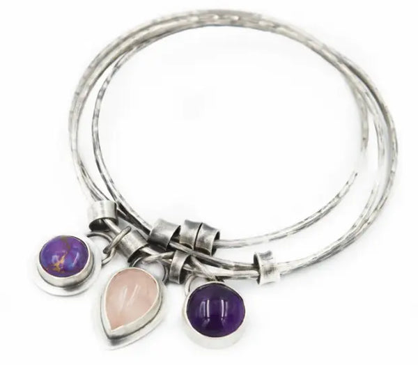βραχιόλι με πέτρες αμέθυστο ασημένιο χειροποίητο σχέδιο βέργες