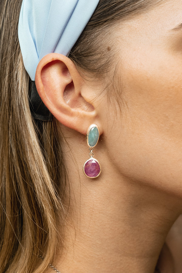 Raspberry Sapphire and Aquamarine Silver Earrings