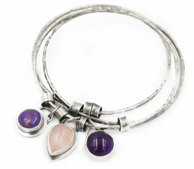 βραχιόλι με πέτρες αμέθυστο ασημένιο χειροποίητο σχέδιο βέργες