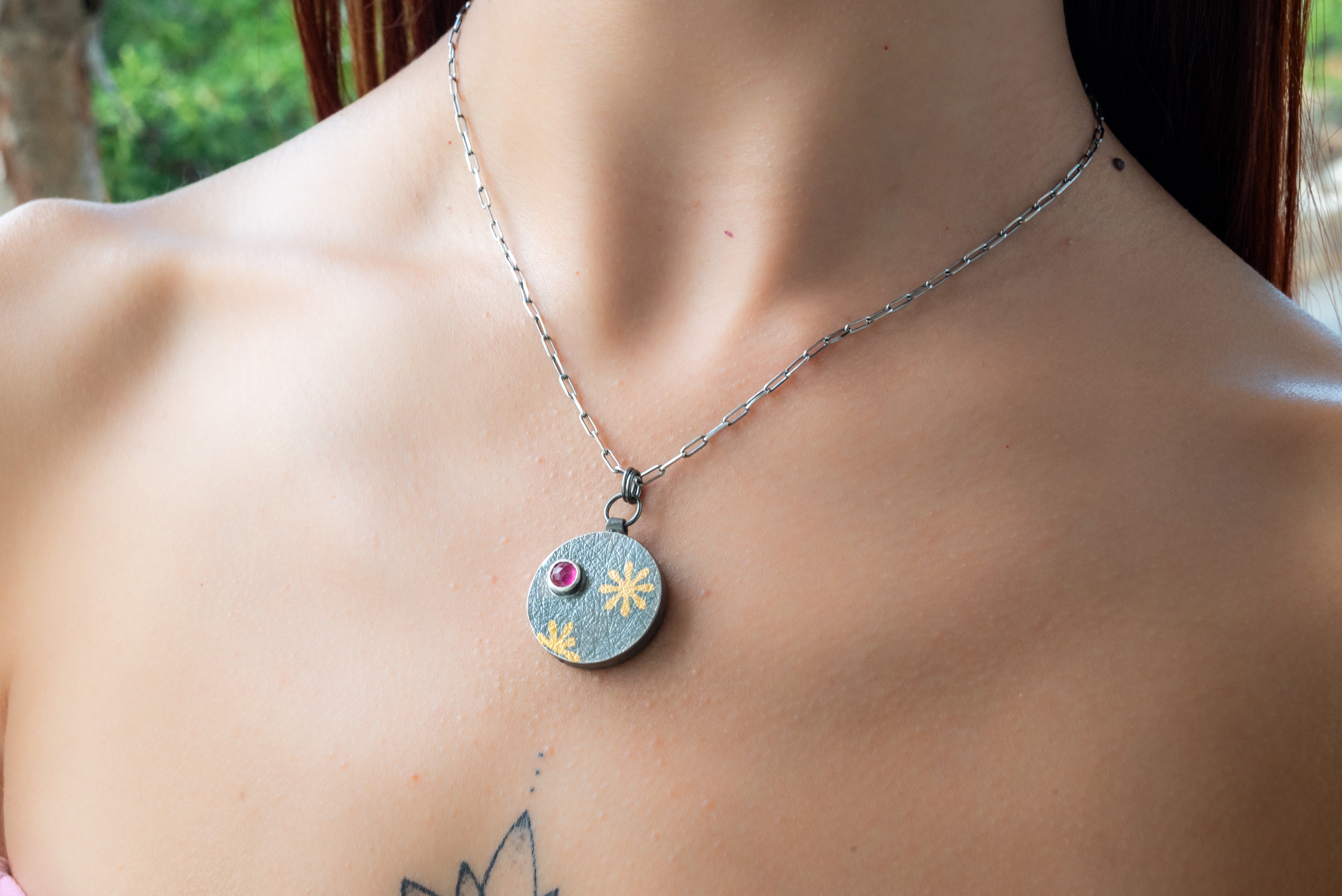 Handmade silver necklace with Pink Sapphire and 24K gold.