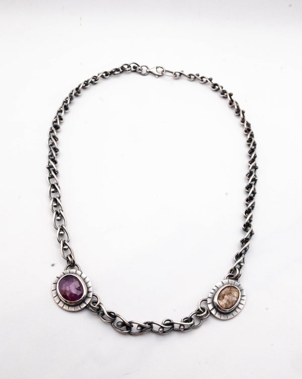 κολιε με χειροποιητη αλυσιδα βαρια και ζαφειρια