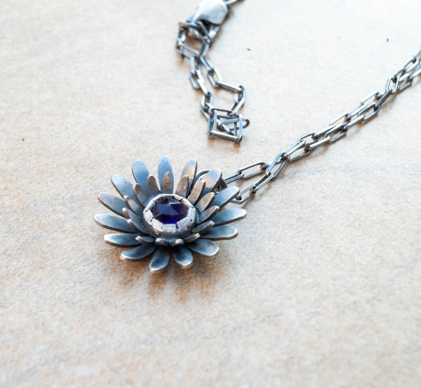 Handmade silver flower necklace with Amethyst