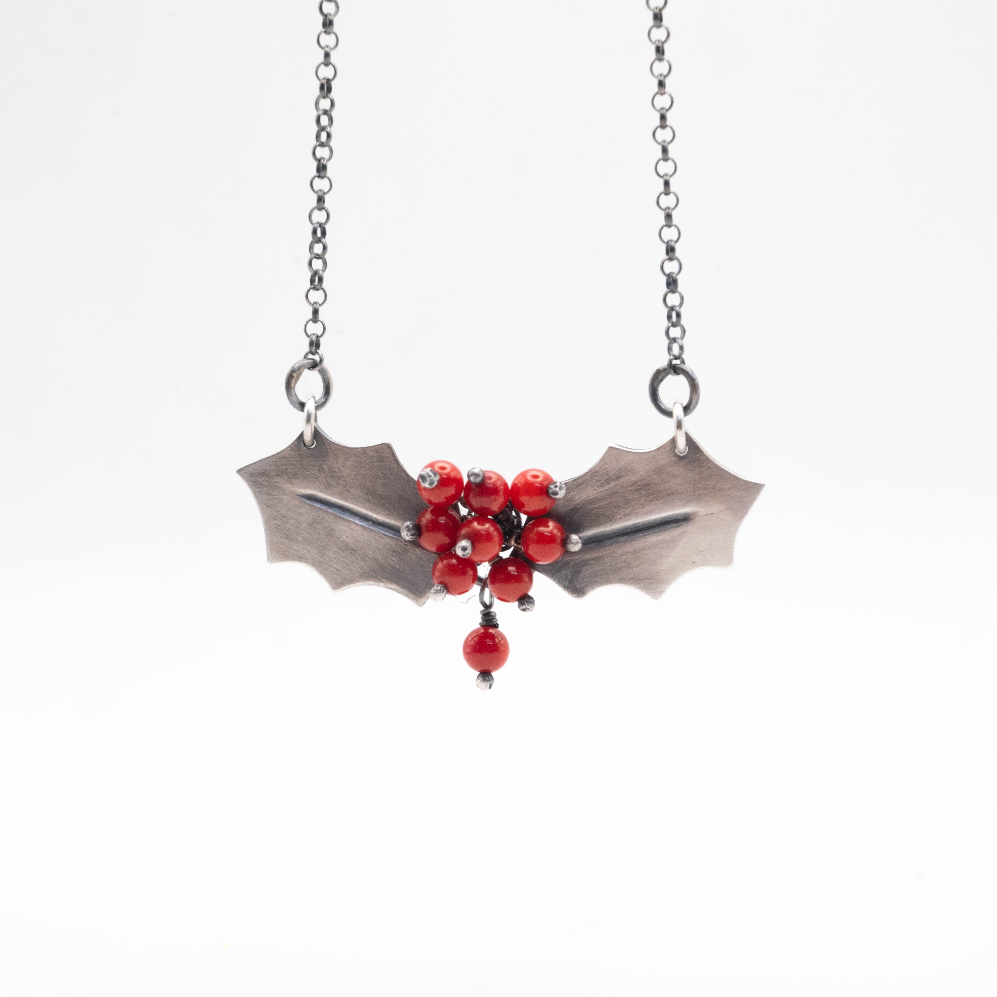  χριστουγεννιάτικο χειροποίητο ασημένιο κολιέ με φύλλο γκι