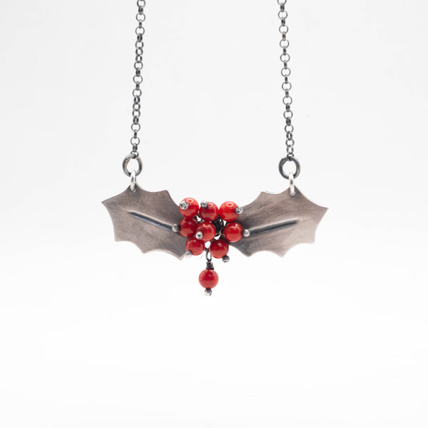  χριστουγεννιάτικο χειροποίητο ασημένιο κολιέ με φύλλο γκι