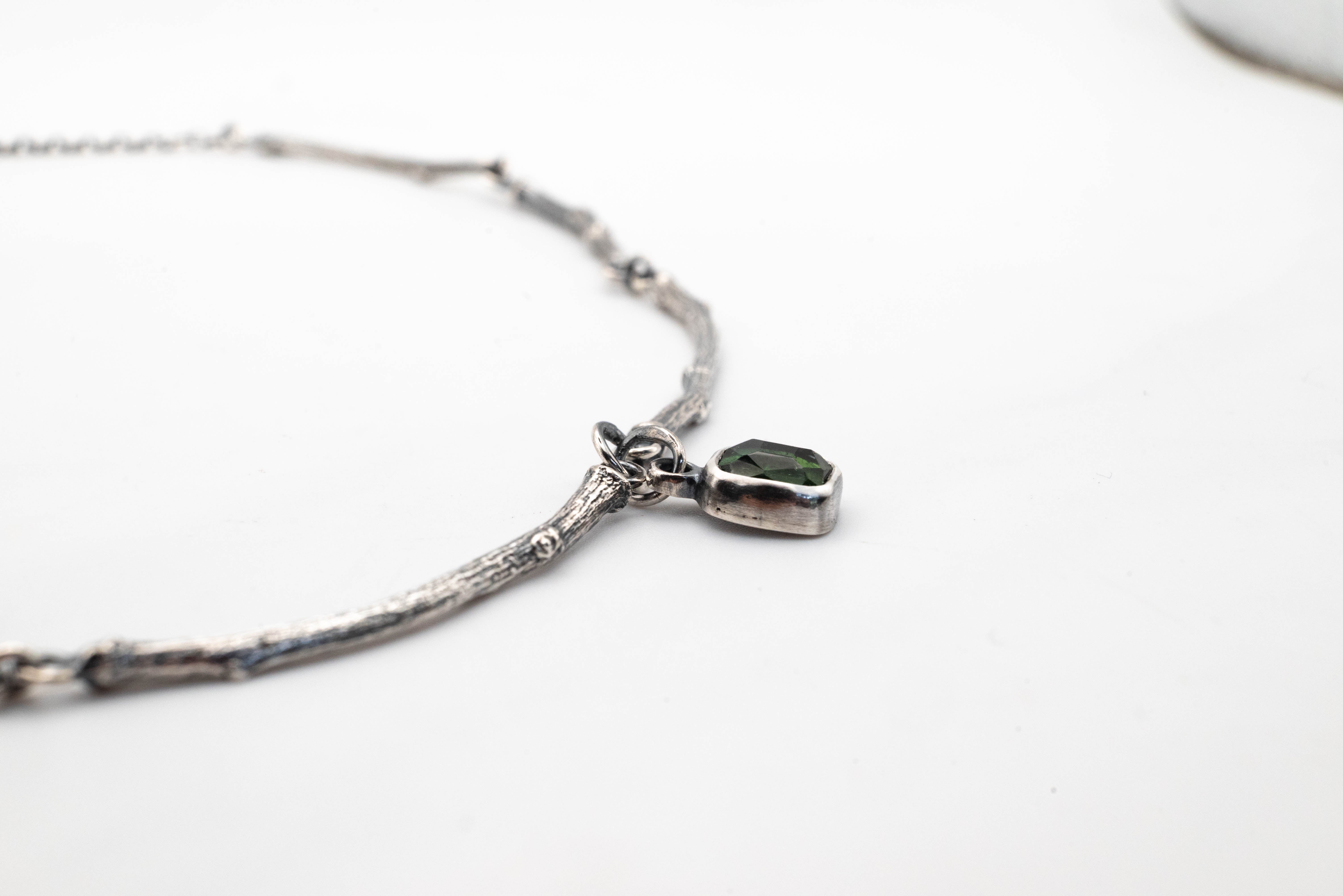 boho chic silver necklace with real tourmaline gemstone