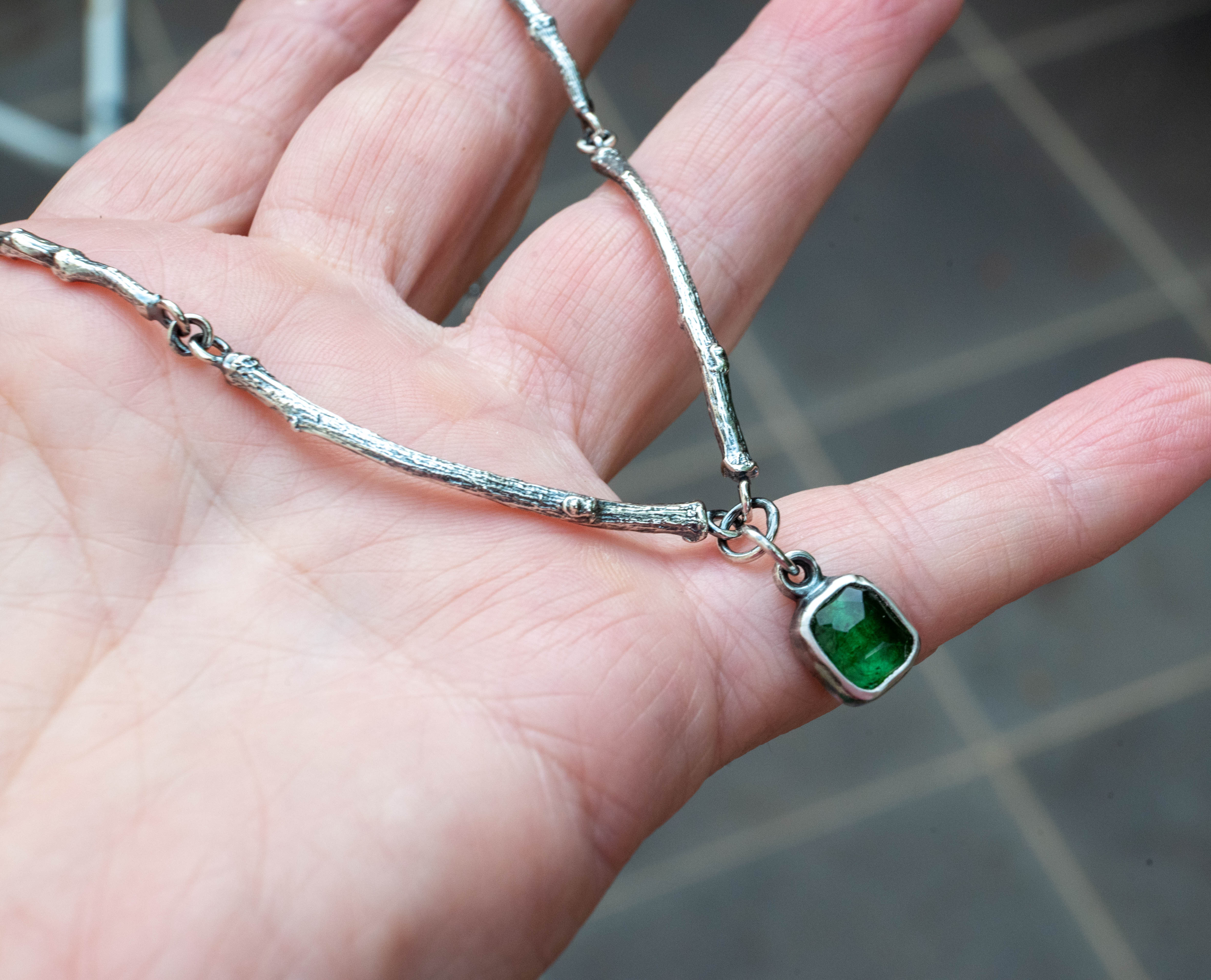 unique silver necklace with natural faceted green tourmaline