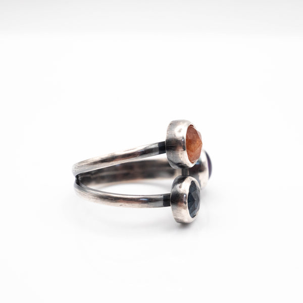 Χειροποίητο Ασημένιο Δαχτυλίδι 925 με Sunstone, Κυανίτη και Αμέθυστο