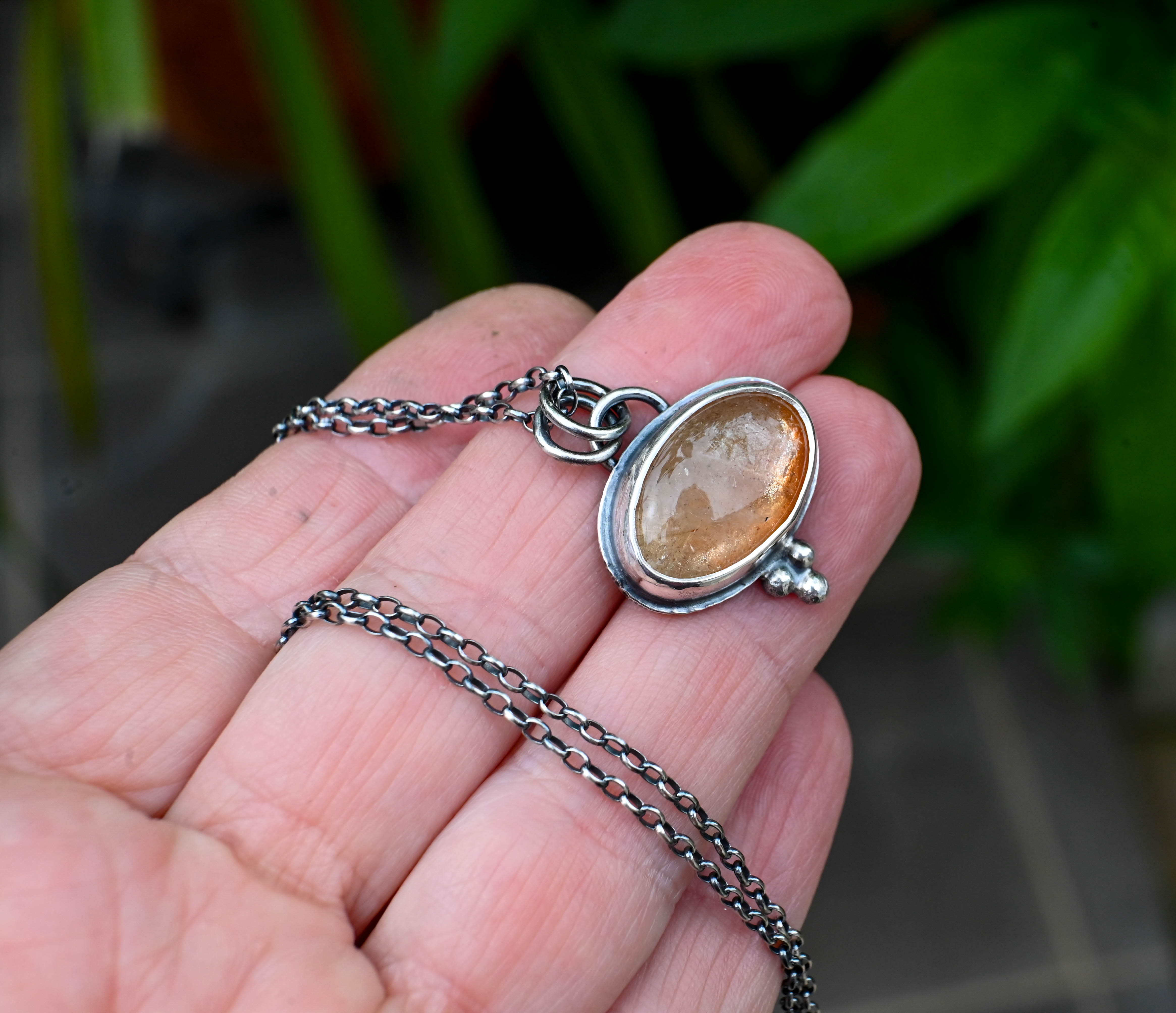 Handmade 925 Silver Necklace with Sunstone 20x14mm Oxidized 45cm