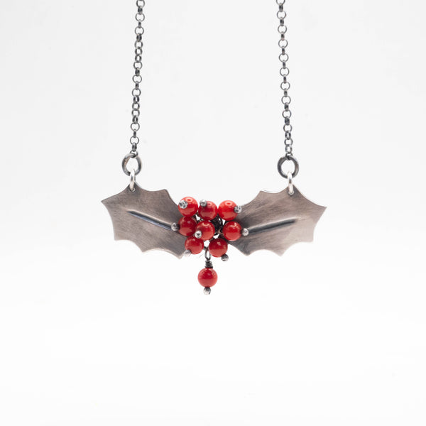 Χειροποίητο ασημένιο κολιέ με φύλλο γκι και κοράλλι - SILVERstro Κοσμήματα