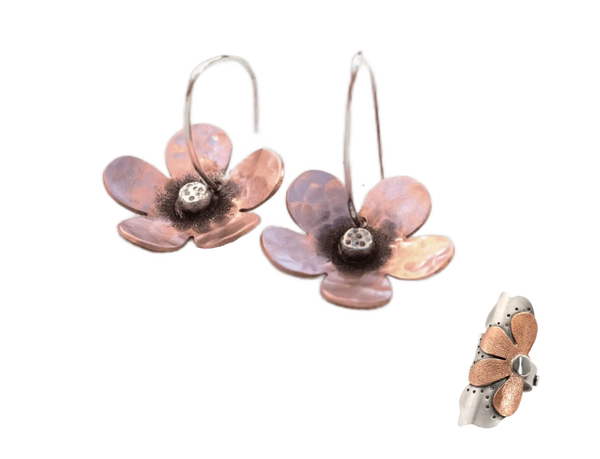 Γυναικείο Σετ Κοσμημάτων — Σκουλαρίκια & Δαχτυλίδι Λουλούδι Χαλκός & Ασήμι | SILVERstro - SILVERstro Κοσμήματα