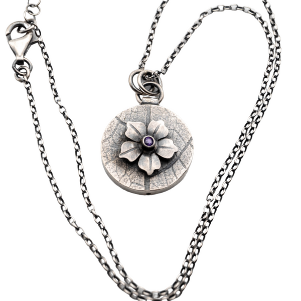 Handmade silver "box" necklace with Flower