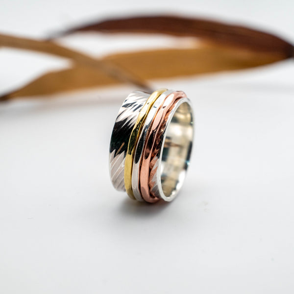 Χειροποίητο spinner δαχτυλίδι ασήμι 925 με 3 βεράκια ασήμι ορείχαλκος χαλκός – frontal view – SILVERstro
