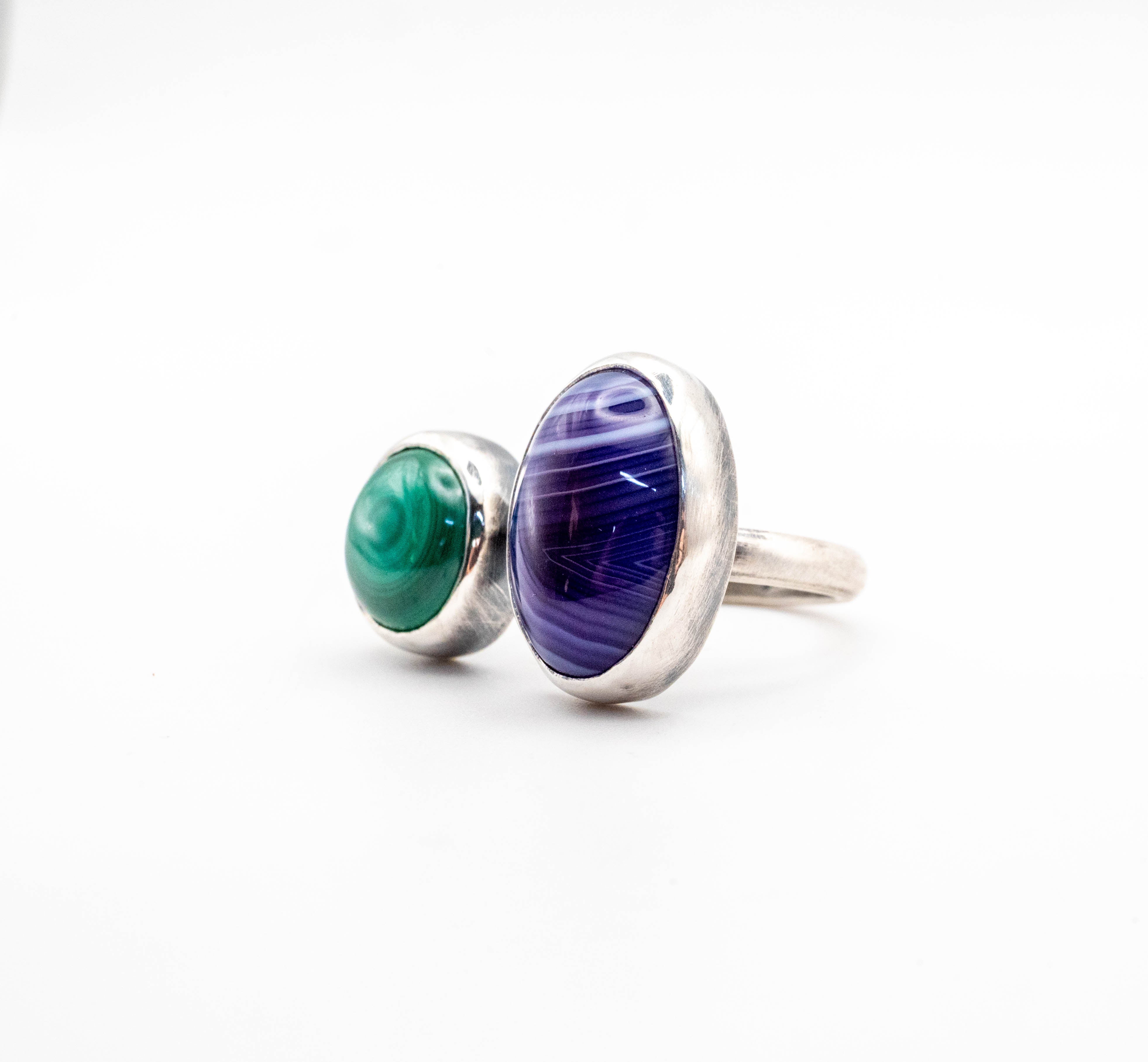Ασημένιο χειροποίητο boho δαχτυλίδι με Μαλαχίτη και Αχάτη - SILVERstro Κοσμήματα