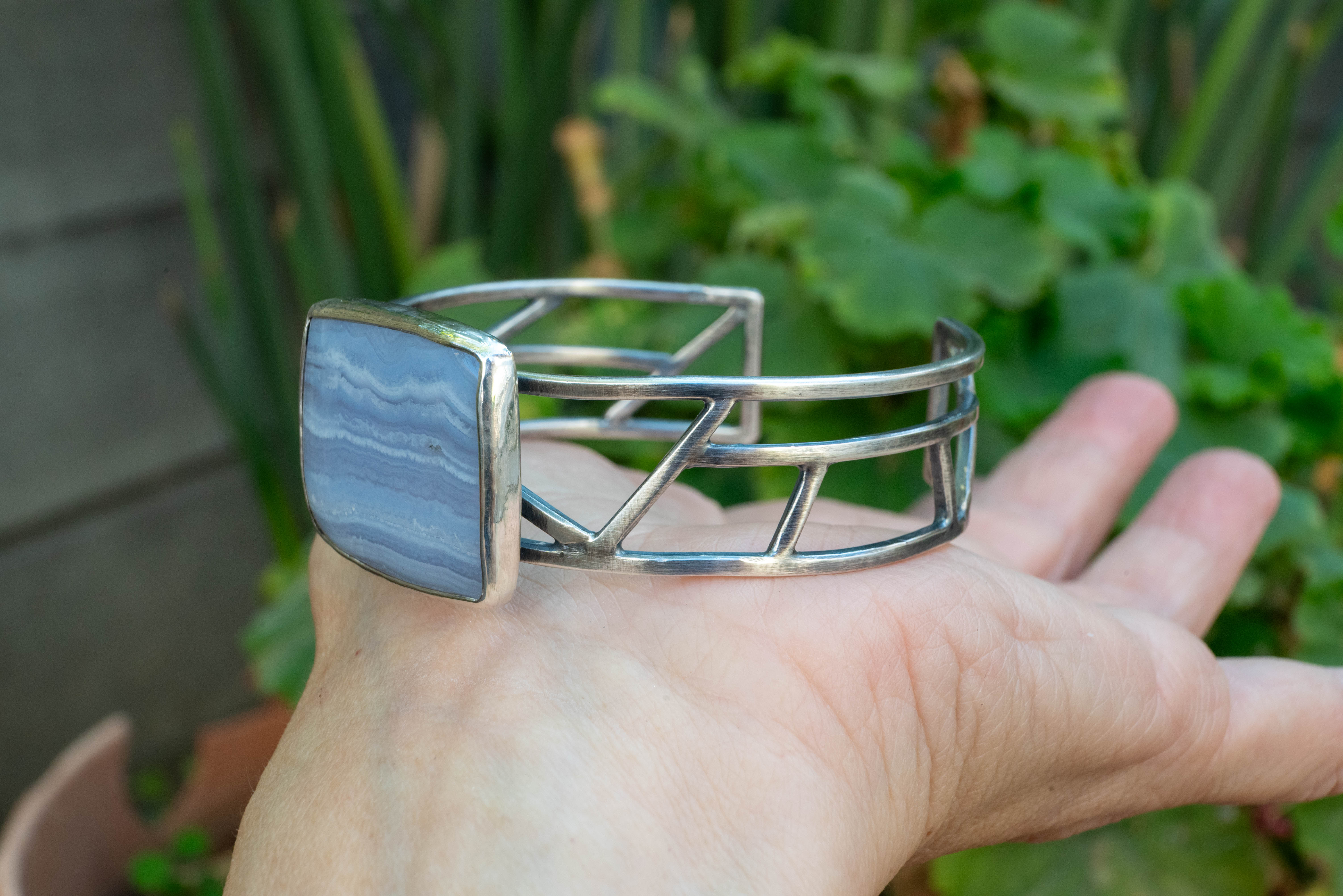 Βραχιόλι cuff από ασήμι με Blue Lace Agate - SILVERstro Κοσμήματα