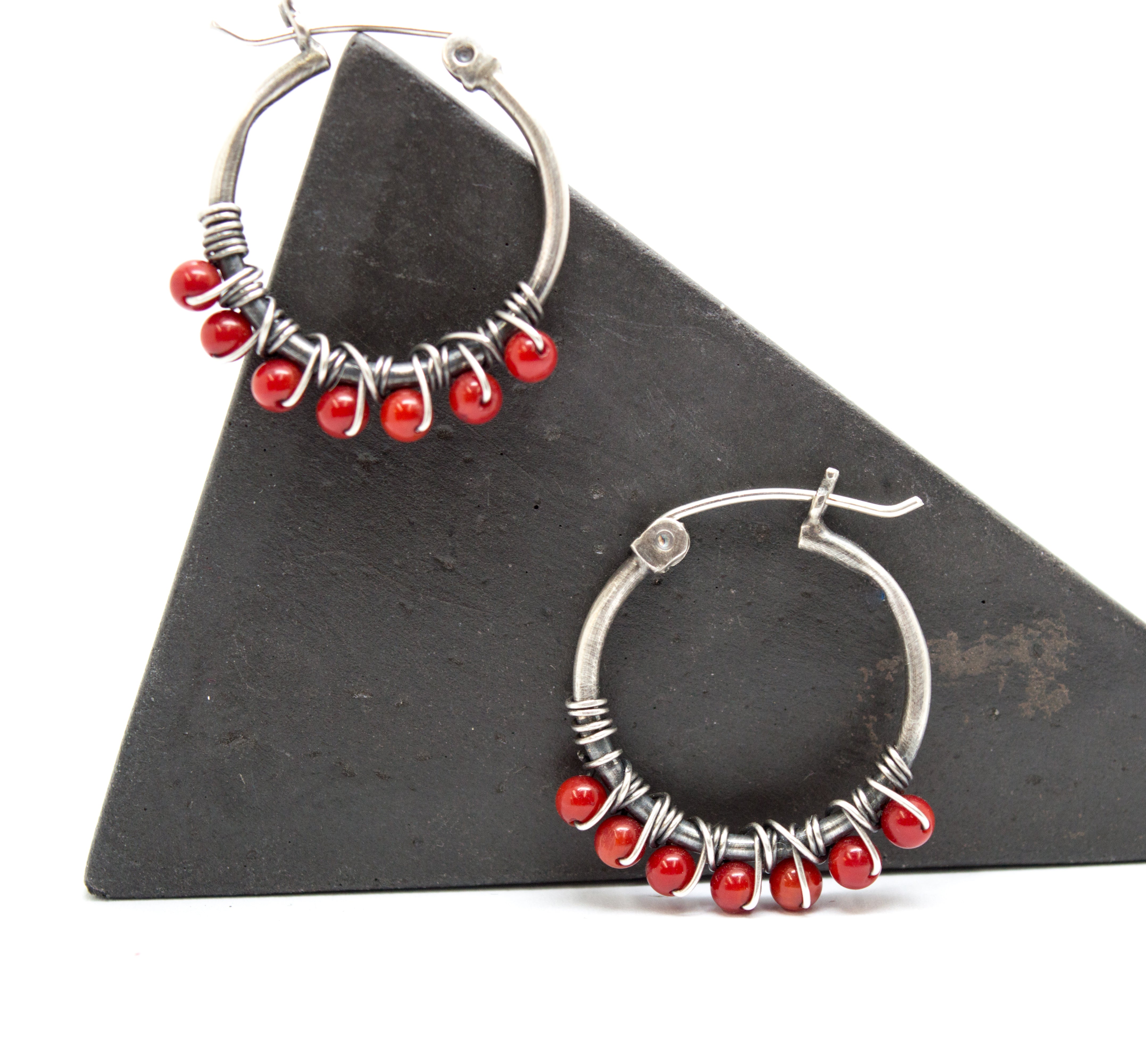 Κρίκοι ασημένιοι με Κόκκινο Κοράλλι(red coral) - SILVERstro Κοσμήματα
