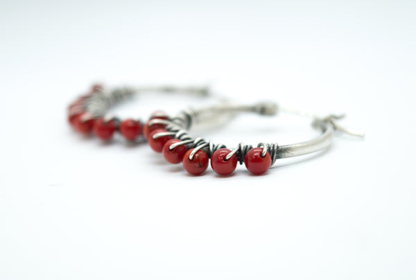 Κρίκοι ασημένιοι με Κόκκινο Κοράλλι(red coral) - SILVERstro Κοσμήματα