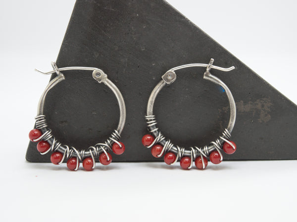 Κρίκοι ασημένιοι με Κόκκινο Κοράλλι(red coral) - SILVERstro Κοσμήματα
