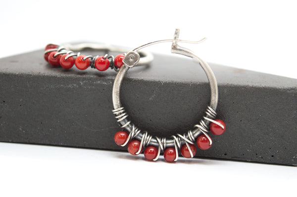 Κρίκοι ασημένιοι με Κόκκινο Κοράλλι(red coral) - SILVERstro Κοσμήματα